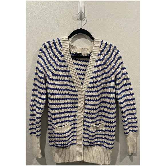 J.CREW Ripplestitch Striped Blue Cream Chunky Sweater Cardigan - Picture 1 of 4
